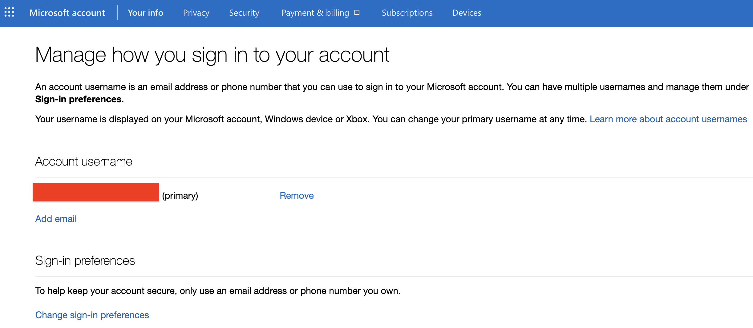 Microsoft Manage how you sign in to your account page showing the current primary alias and the Add email link.