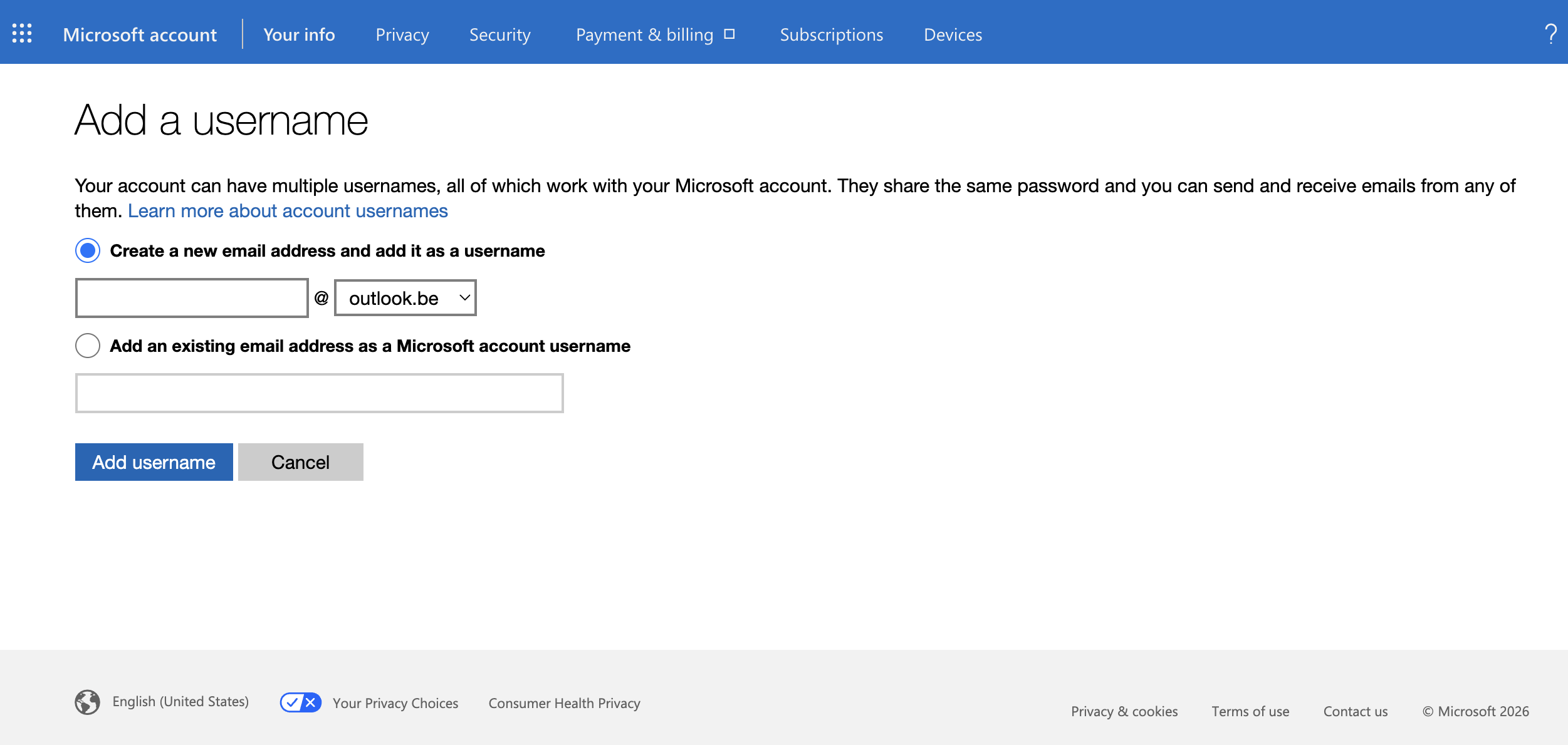 Add a username page for creating a new address and adding it as a Microsoft account username.