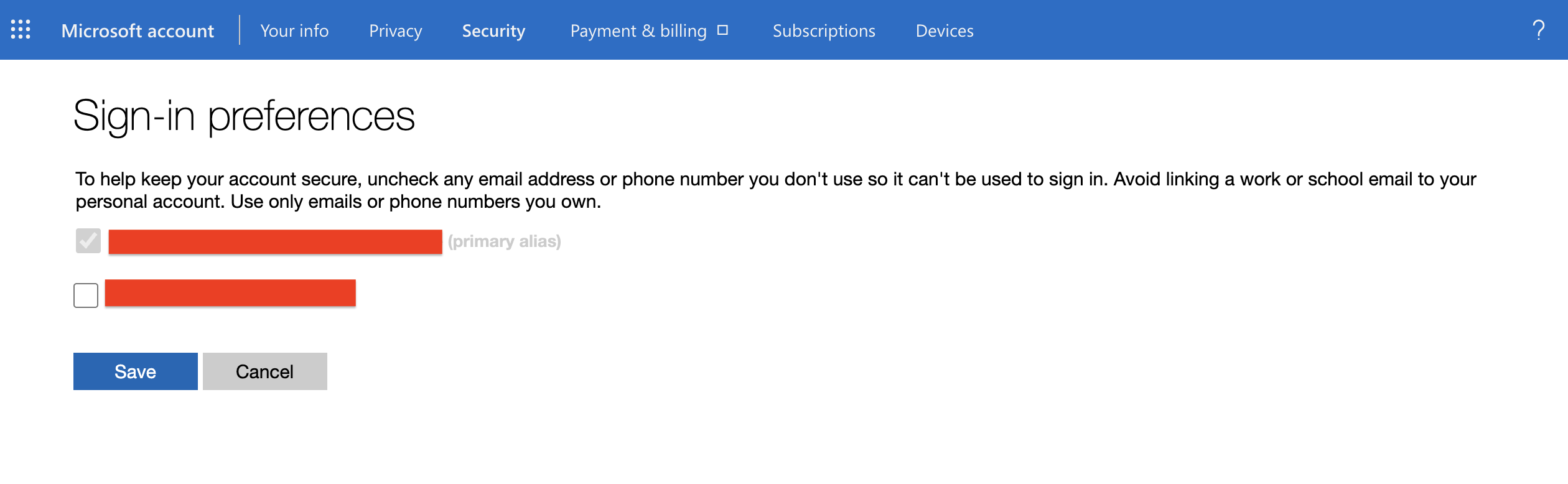 Sign-in preferences page with the primary alias checked and another alias unchecked for sign-in.